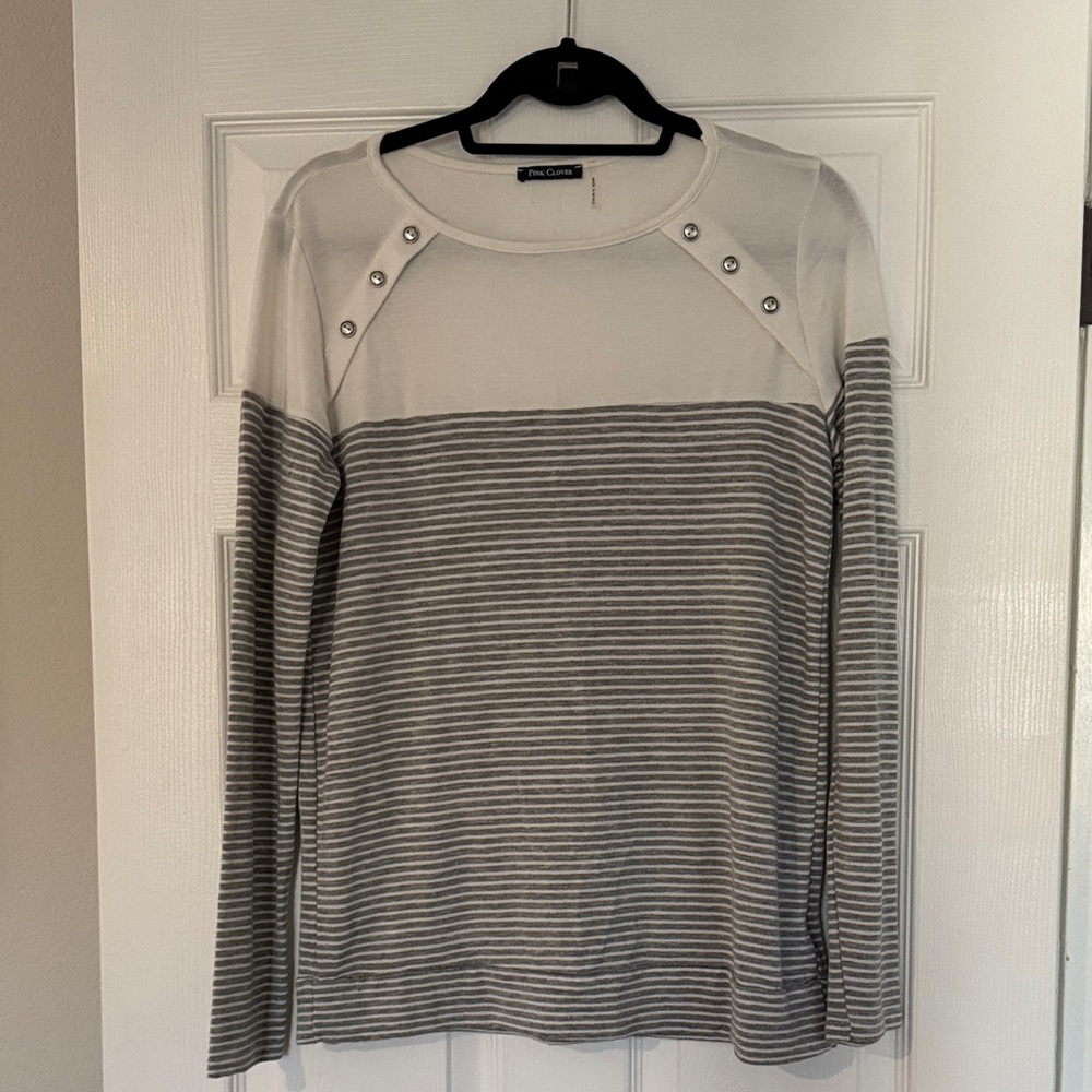 Pink Clover Gray and White Striped Long Sleeve Top